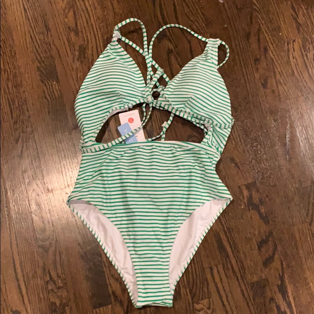 Cupshe Green & White Striped 1 Piece Swimsuit S